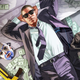 A man in a suit sitting on a pile of money spread across his bed.